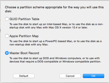 Specify MBR as partition scheme for the bootable Windows 10 USB flash drive.